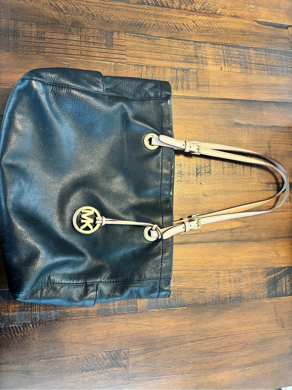 Michael Kors Black Leather Tote with Cream Straps and Gold MK Charm